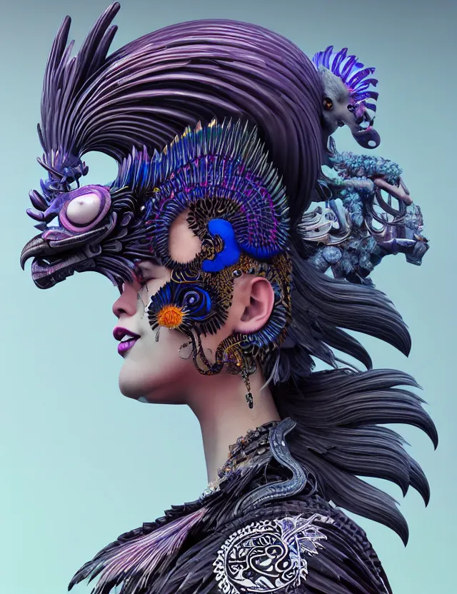 Image similar to 3 d goddess close - up profile portrait punk with mohawk with ram skull. beautiful intricately detailed japanese crow kitsune mask and clasical japanese kimono. betta fish, jellyfish phoenix, bio luminescent, plasma, ice, water, wind, creature, artwork by tooth wu and wlop and beeple and greg rutkowski