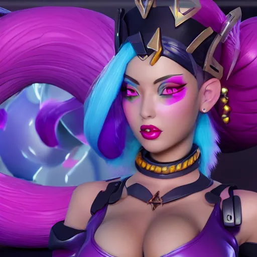 Image similar to still of pretty Jinx (League of Legends) in KDA More music video. 3d render, octane render, game art, realistic, highly detailed, trending on artstation, 4k, trending on artstation, pixar, cgsociety, unreal engine 5, redshift render, trending on artstation, blender, behance, cg