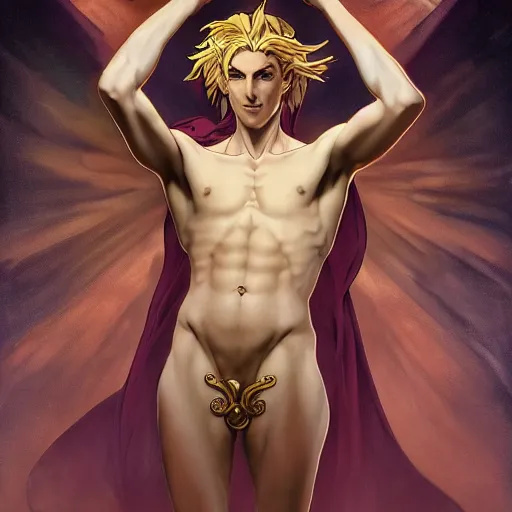 Prompt: A extreme long shot, stunning, breathtaking, awe-inspiring, award-winning, ground breaking, concept art, nouveau painting, of Lucifer, extra-light natural blonde hair, sophisticated well rounded face, bright glowing eyes like LEDs, Lean Body, porcelain looking skin, standing tall invincible over the remains of Heaven, posing as a JoJo character, by Michelangelo, Alphonse Mucha, Caravaggio, Renaissance period, Dark Fantasy mixed with Socialist Realism, exquisite, dramatic, hyperrealistic, atmospheric, cinematic, trending on ArtStation , photoshopped, deep depth of field, intricate detail, finely detailed, small details, extra detail, attention to detail, symmetrical, high resolution, 3D, PBR, path tracing, volumetric lighting, octane render, arnold render, 8k