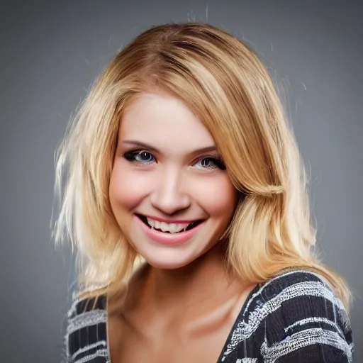 Prompt: photo of a georgous blonde girl smiling at the camera