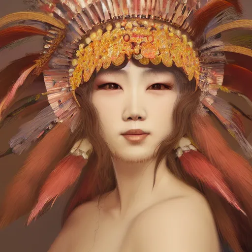 Image similar to beautiful japanese oil panting of a lady in headdress, rendered by octane, depth of field, ultra detailed, rococo, zen concept, trending on artstation, 8k