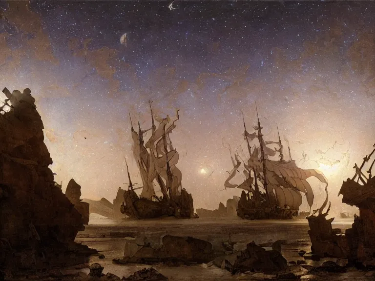 Image similar to an oil painting of an ancient shipwreck in the middle of an alien desert at dusk, aurora and stars light up the sky by carl spitzweg and tuomas korpi. baroque elements, full-length view. baroque element. intricate artwork by caravaggio. Trending on artstation. 8k