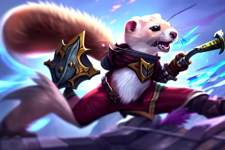 Image similar to a fierce and violent ferret boy furry with a sword and shield leaps into the fray. league of legends splash art