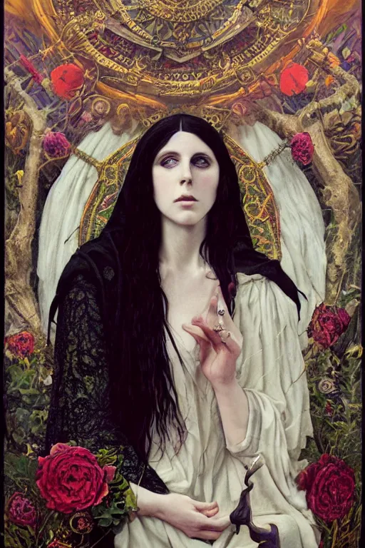 Prompt: portrait of a medieval priestess healthy - looking chelsea wolfe, goth punk, floral flowers, radiant colors, tarot, surreal, a flemish baroque by alexander mcqueen, art by john collier by greg rutkowski and craig mullins, oil on canvas