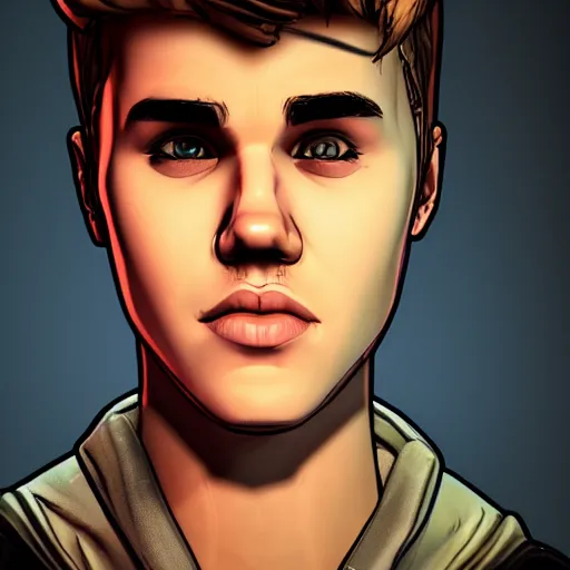 Image similar to justin bieber portrait, borderlands, tales from the borderlands, the wolf among us, comic, cinematic lighting, studio quality, 8 k