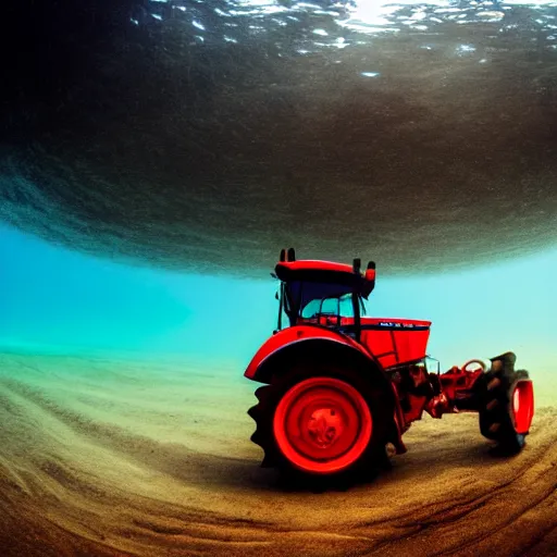 Prompt: wide angle ultrawide shot backlit tractor ploughing the seabed underwater photo on gopro, moody colours