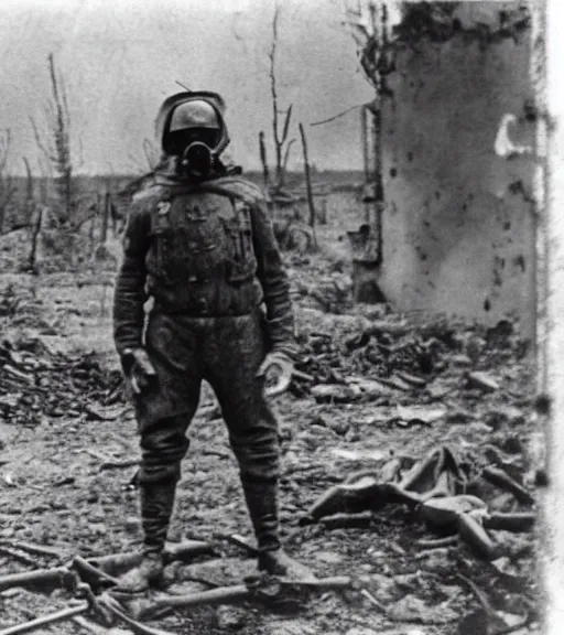 Image similar to man in chemical suit and gasmask at distance in chernobyl, ww1 film photo, grainy, high detail, high resolution