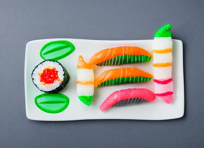 Image similar to dslr food photograph of candy sushi, 8 5 mm f 1. 8