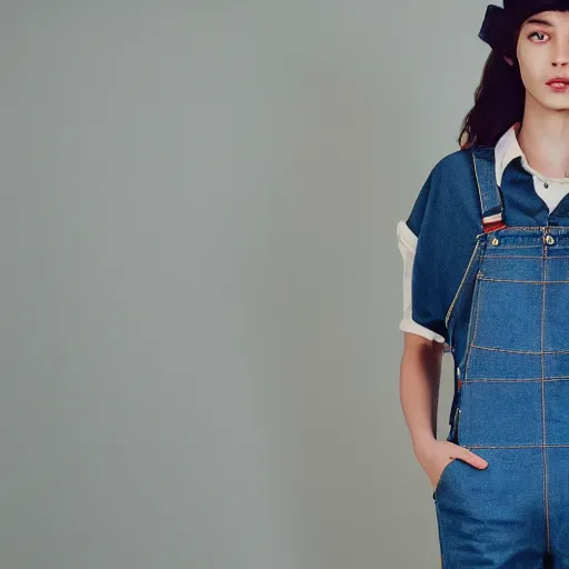 Image similar to wallaby wearing denim overalls that have a front pocket, fashion magazine photograph, studio lighting