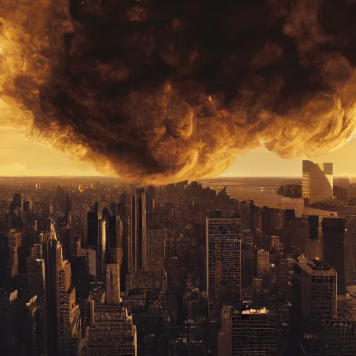 Prompt: cinematic still of giant rusty ball destroyed new york, post apocalyptic