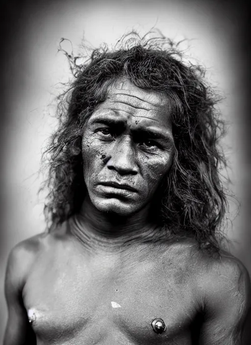 Image similar to Award winning Editorial photo of a Native Nauruans with incredible hair and beautiful hyper-detailed eyes wearing traditional garb by Lee Jeffries, 85mm ND 5, perfect lighting, gelatin silver process