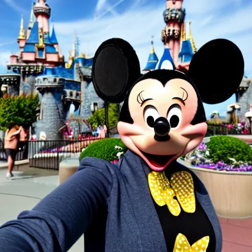 Image similar to high detail selfie by a woman wearing mickey mouse ears, disneyland castle in background, taken on iphone