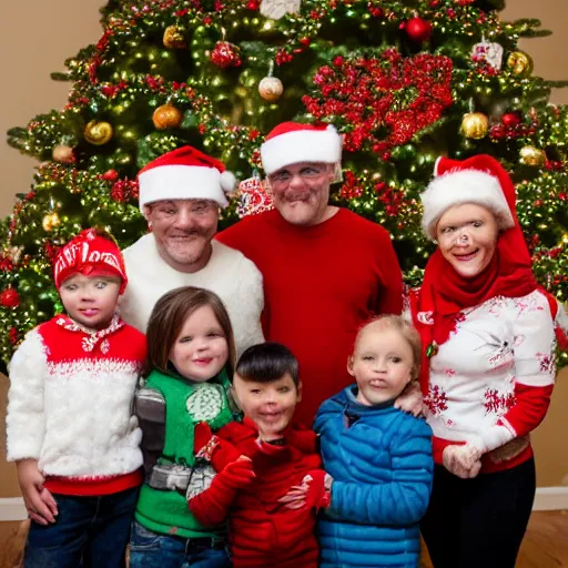 Image similar to christmas photo of yoda's family, standing in front of a christmas tree, DSLR 15mm