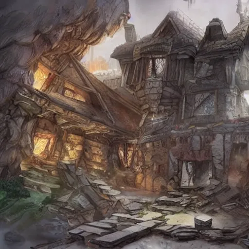 Prompt: mansion collapses killing 4 0 men women and children, dungeons and dragons, concept art, highly detailed art