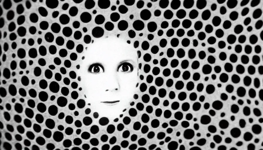 Prompt: 50s movie still close-up portrait of a white female japanese phantom with a trypophobia head in a liminal space style tunnel, early black and white 8mm, heavy grain, low quality,