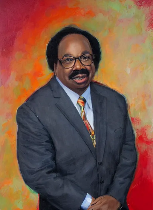 Prompt: ( ( ( portrait of leslie david baker as stanley hudson of the office television series ) ) ) a painting by igor kazarin, head to waist, light coming from the right side, red background,
