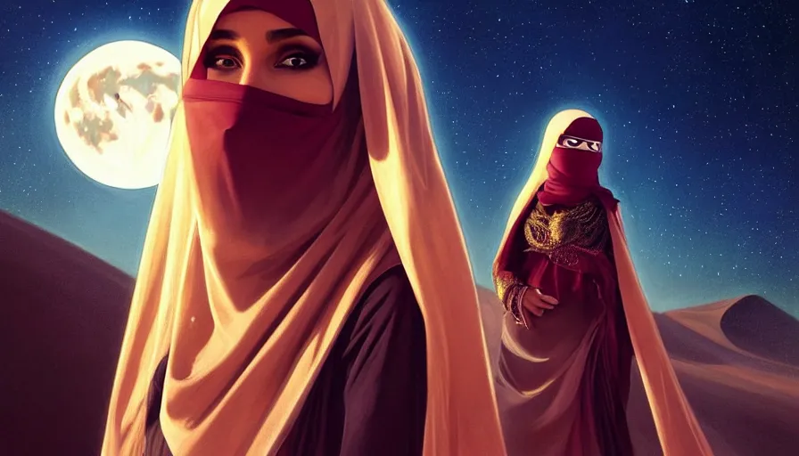 Image similar to Portrait of very very very very very very beautiful Arab woman wearing a Niqab, under giant full moon in the desert, intricate, glowing magical eyes, energy trails, elegant, highly detailed, digital painting, artstation, concept art, smooth, sharp focus, illustration, art by artgerm and greg rutkowski and alphonse mucha