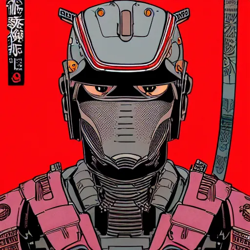 Prompt: a powerful japanese samurai wearing cyborg suit, detailed face, face symmetry, character concept portrait by moebius and laurie greasley, profile picture, 8 k, cinematic color grading