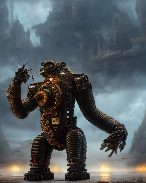 Image similar to oil painting of King Kong Steampunk Robot Hybrid, sharp focus, fantasy style, steampunk city background, octane render, volumetric lighting, 8k high definition, by greg rutkowski, highly detailed, trending on art Station