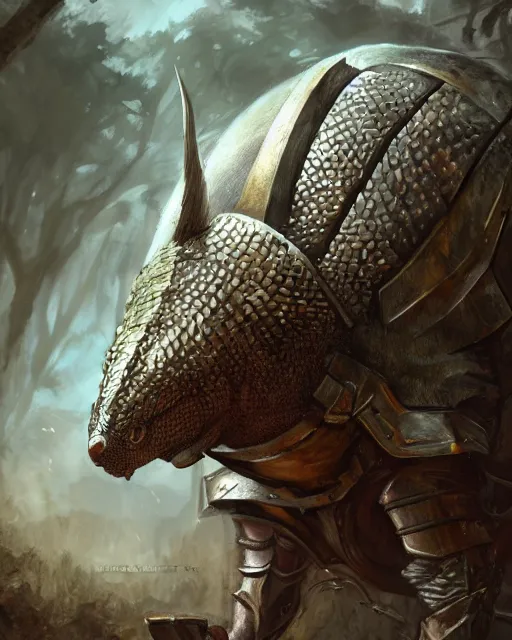 Image similar to Huge armadillo warrior in armor, portrait, woodlands, magic the gathering artwork, D&D, fantasy, cinematic lighting, centered, symmetrical, highly detailed, digital painting, artstation, concept art, smooth, sharp focus, illustration, volumetric lighting, epic Composition, 8k, art by Akihiko Yoshida and Greg Rutkowski and Craig Mullins, oil painting, cgsociety