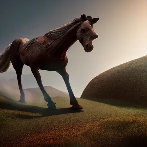 Prompt: an alien fused with a horse running down a hill, octane render, 3D, extremely detailed, accurate