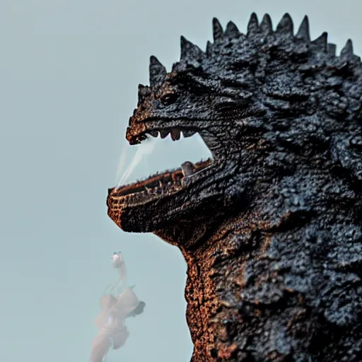 Image similar to godzilla smoking a joint, 5 5 mm