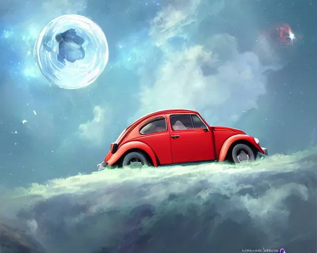 Image similar to a Volkswagen Beetle floating in space, cosmic skies. By Makoto Shinkai, Stanley Artgerm Lau, WLOP, Rossdraws, James Jean, Andrei Riabovitchev, Marc Simonetti, krenz cushart, Sakimichan, trending on ArtStation, digital art.