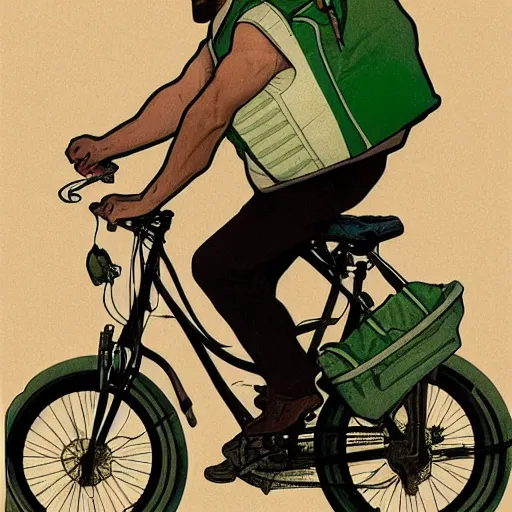 Image similar to a uber eats delivery guy with a green bag on his back, peddling his bicycle, 30mm, by alphonse mucha, artgerm, H R Giger, trending on ArtStation, deviantart, high detail, stylized portrait