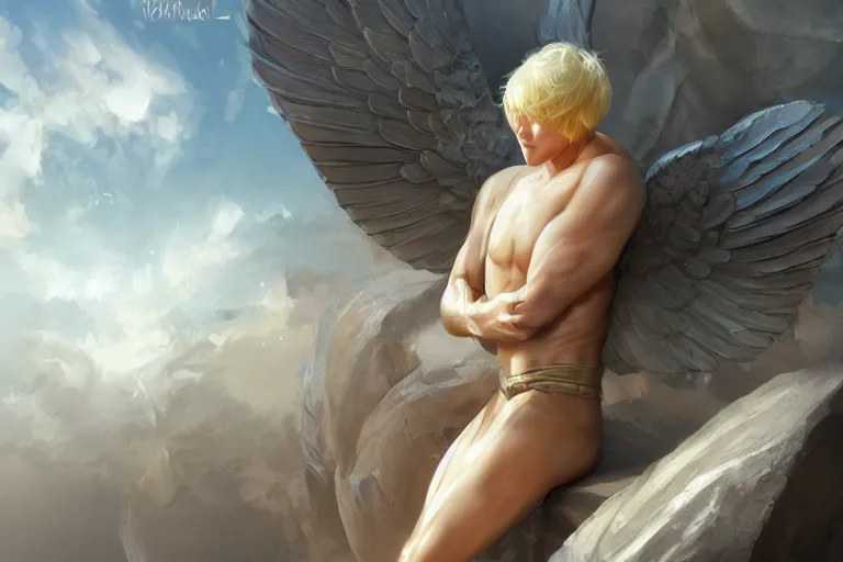 Image similar to Delicate blond male mechanical Angel dying on an anvil in the sun, 4k digital illustration by Artgerm, wlop, James Jean, Andrei Riabovitchev, Marc Simonetti, yoshitaka Amano, Artstation, CGsociety