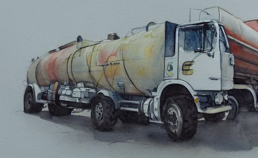 Prompt: concept art of a fuel truck, pinterest, artstation trending, behance, watercolor, by coby whitmore, silver, laser light,