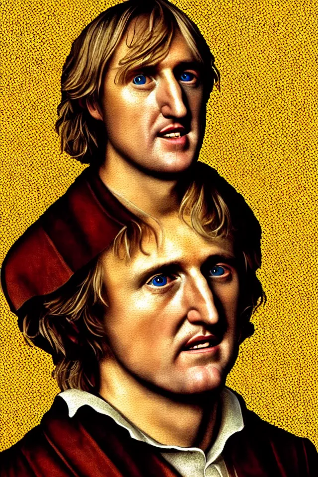 Image similar to bizarre renaissance portrait of owen wilson in a sea of thousands of highly detailed potatos, dramatic cinematic lighting, 8 k, beautiful intricate pop - art painting