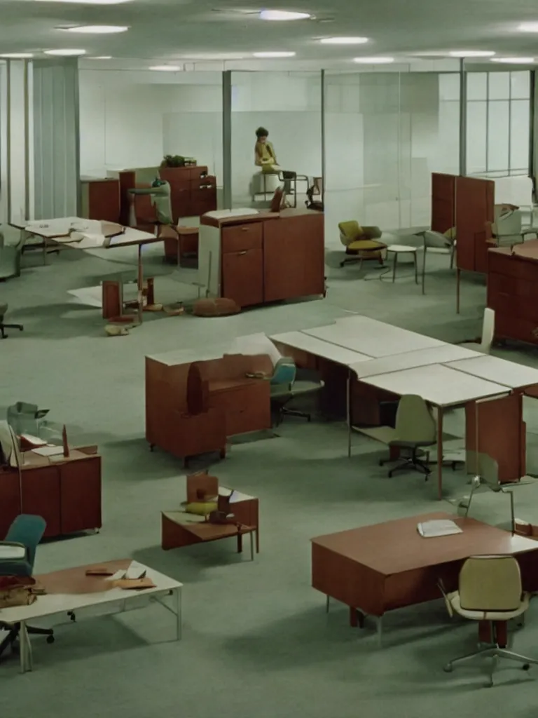 Image similar to a still of severance series indoor 7 0 s furniture office scenario appearing in a film of jacques tati