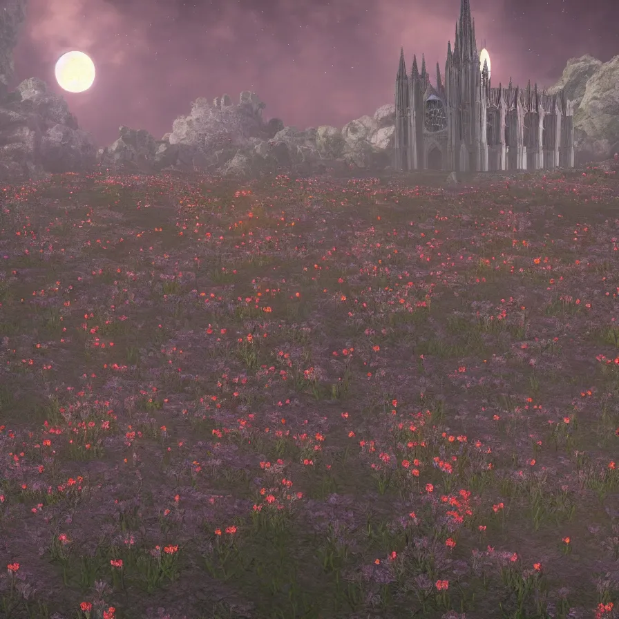 Image similar to A Gothic cathedral in a field of flowers, A huge red moon shines over the earth.highly realistic, hyper detailed,cinematic,4k,digital art,unreal engine 5,by gustav doré