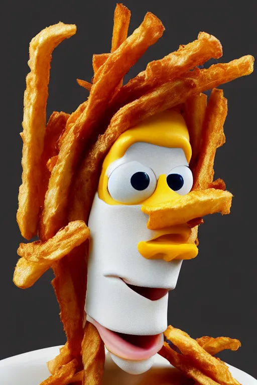 Image similar to fry from futurama made out of french fries, realistic, 4 k.