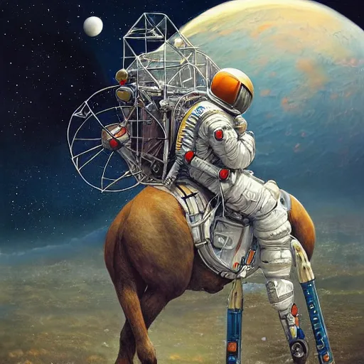 Prompt: astronaut, carrying a horse on his shoulders up, horse above, astronaut below, industrial sci - fi, by mandy jurgens, ernst haeckel, james jean