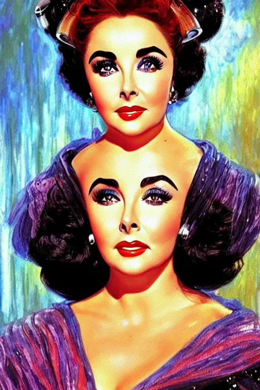 Prompt: impressionism painting of a d & d style retro sci - fi elizabeth taylor beautiful face and wearing full detailed clothing