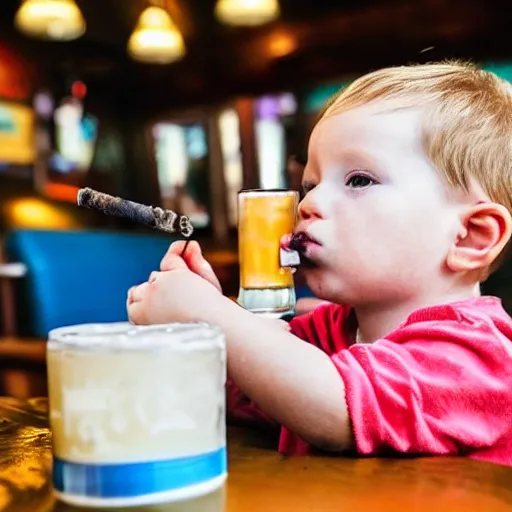 Prompt: toddler smoking a cigarette and drinking his favorite pint in a pub after a hard day of toddling