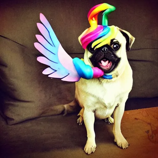 Image similar to a pug with wings and a unicorn horn smoking a cigar