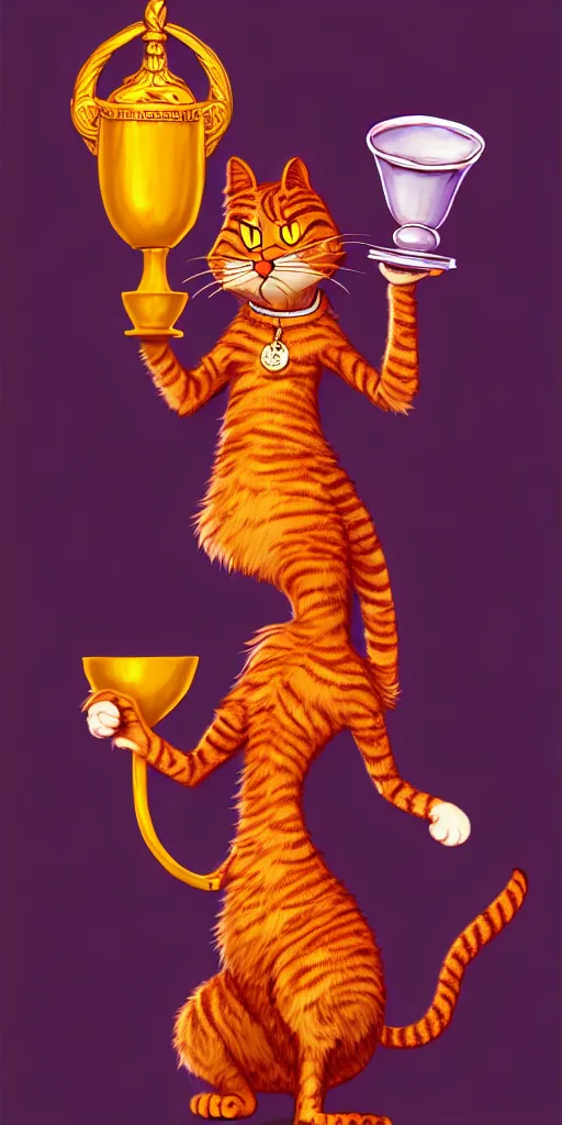 Image similar to fullbody!! personification of garfield the cat garfield goddess holding a blood chalice, detailed, stunning, garfield cat face, hyperrealistic, trending on artstation, smooth and sharp, intricate, highly detailed, elegant, professional character concept art by tatyana kupriyanova