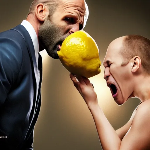 Image similar to ultra realistic professional photo of a lemon yelling at Jason Statham