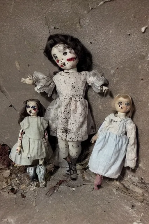 Image similar to dirty cracked screaming vintage doll maggots in eyes in darkly lit dusty basement cobwebs old photo