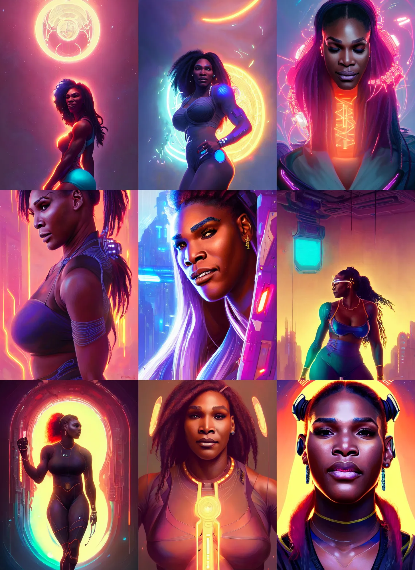 Prompt: highly detailed portrait of cyberpunk superhero serena williams radiating glowing magic energy, symmetry, unreal engine, fantasy art by greg rutkowski, loish, rhads, ferdinand knab, makoto shinkai and lois van baarle, ilya kuvshinov, rossdraws, tom bagshaw, global illumination, radiant light, detailed and intricate environment, goldenhour