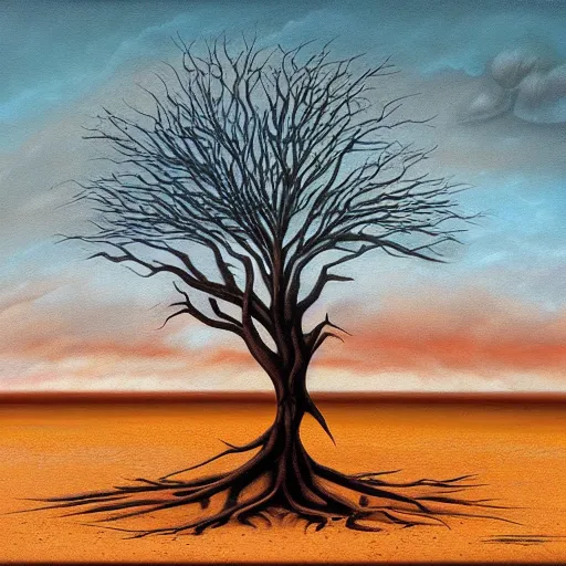 Image similar to a painting of a tree in the desert, a striking airbrush painting by breyten breytenbach, cgsociety, neo - primitivism, airbrush art, dystopian art, apocalypse landscape