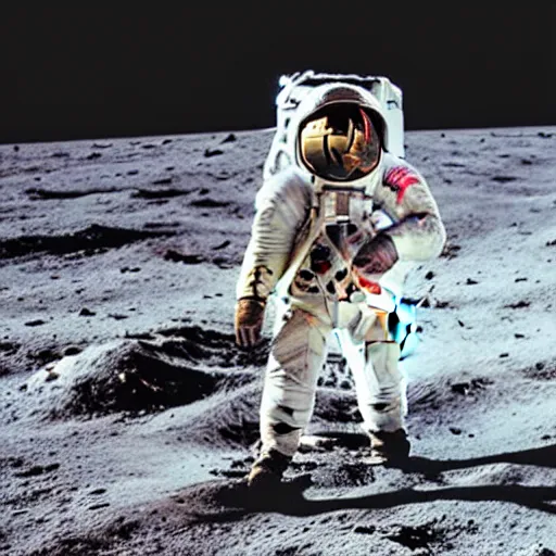 Image similar to a old vintagge man in a suit walking on moon