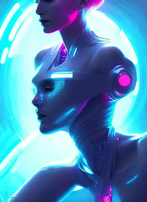 Prompt: portrait of futuristic female humanoid, intricate, elegant, cyber neon lights, highly detailed, digital photography, artstation, glamor pose, concept art, smooth, sharp focus, art by artgerm and greg rutkowski