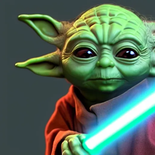 Image similar to Yoda holding a red light saber, 4k, 8k