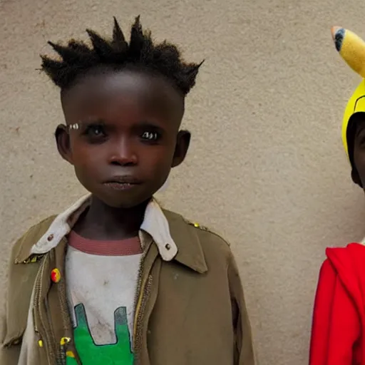 Image similar to a small african boy and an girl wearing a pikachu costume, movie still from tank girl, wide angle shot, ultra detailed, portrait, in the style of studio ghibli and roger ballen,