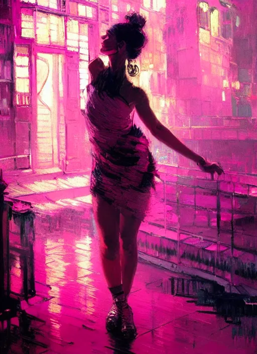 Prompt: nightclub portrait of a beautiful girl, ecstatic dancing, eyes closed, shades of pink, beautiful face, rule of thirds, intricate outfit, spotlight, by greg rutkowski, by jeremy mann, by francoise nielly, by van gogh, digital painting