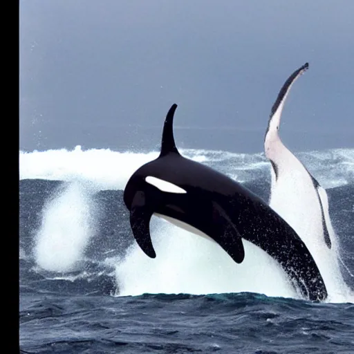 Prompt: ship in rough seas with orcas jumping out of the water