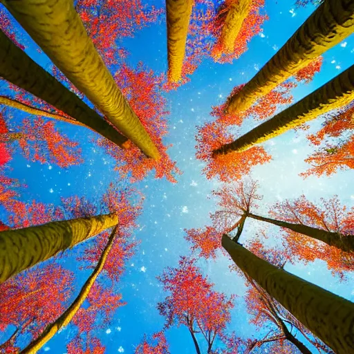 Image similar to peering upward toward a canopy of pink leaves against a starry night sky, realistic